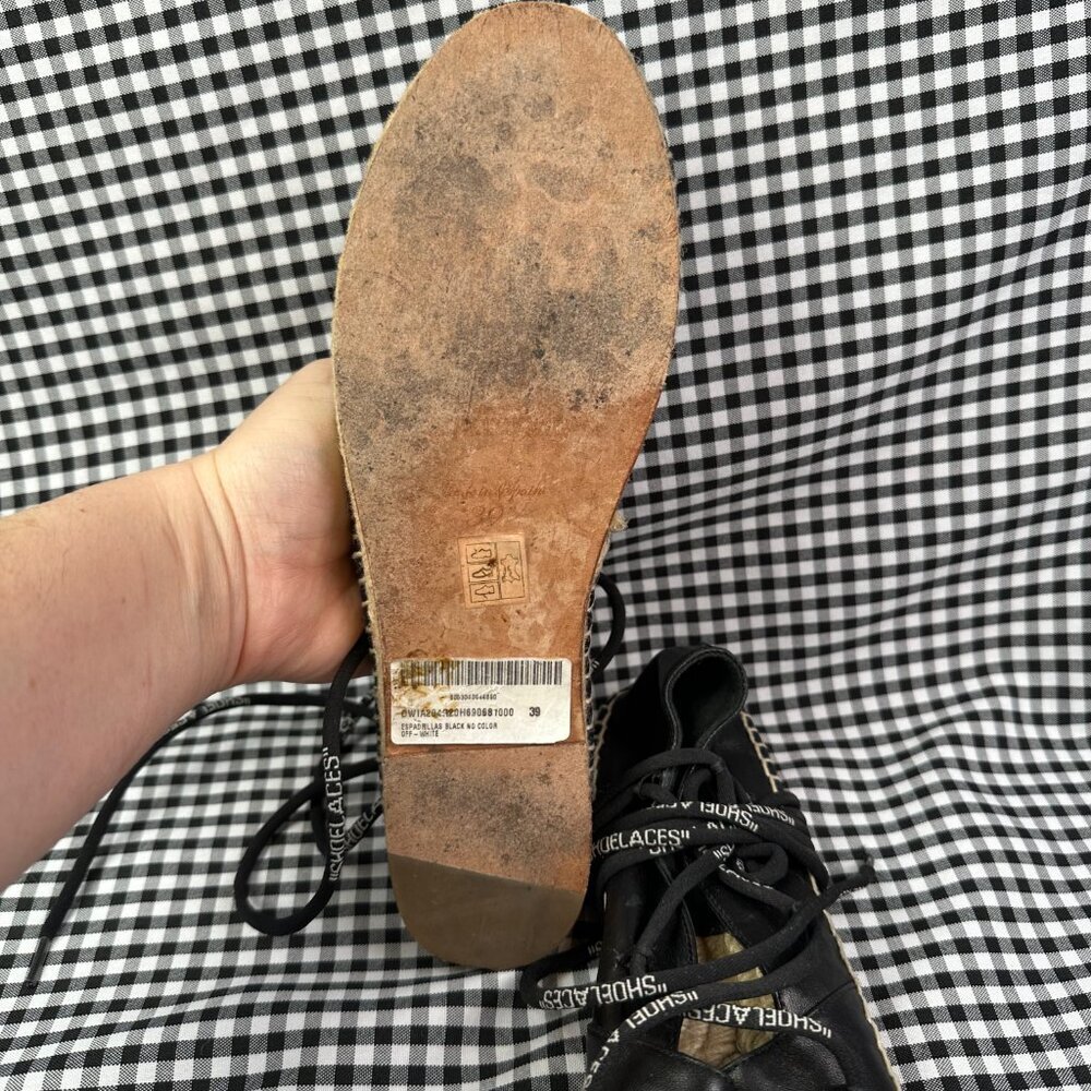 Off-White Black Leather Lace Up Summer Vacation Espadrille Flats Size EU 39 - Picture 4 of 8